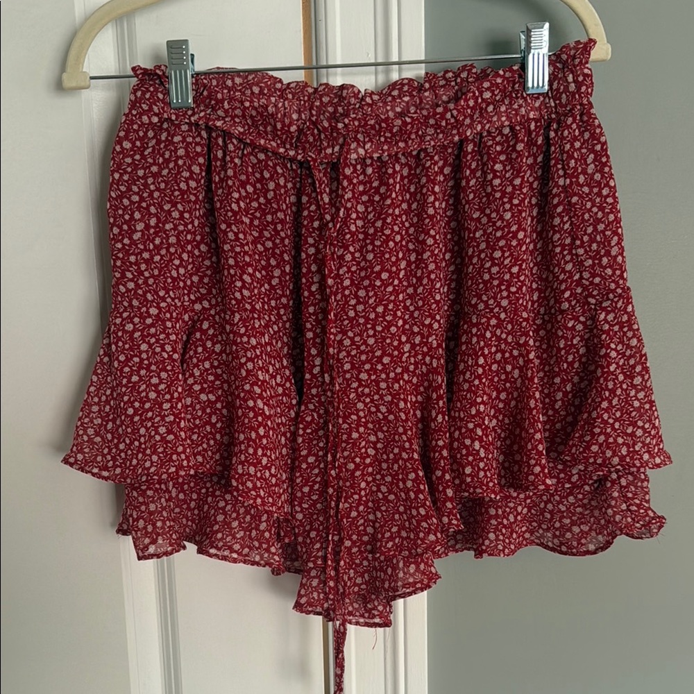 Red Floral Ruffle Mini Skort